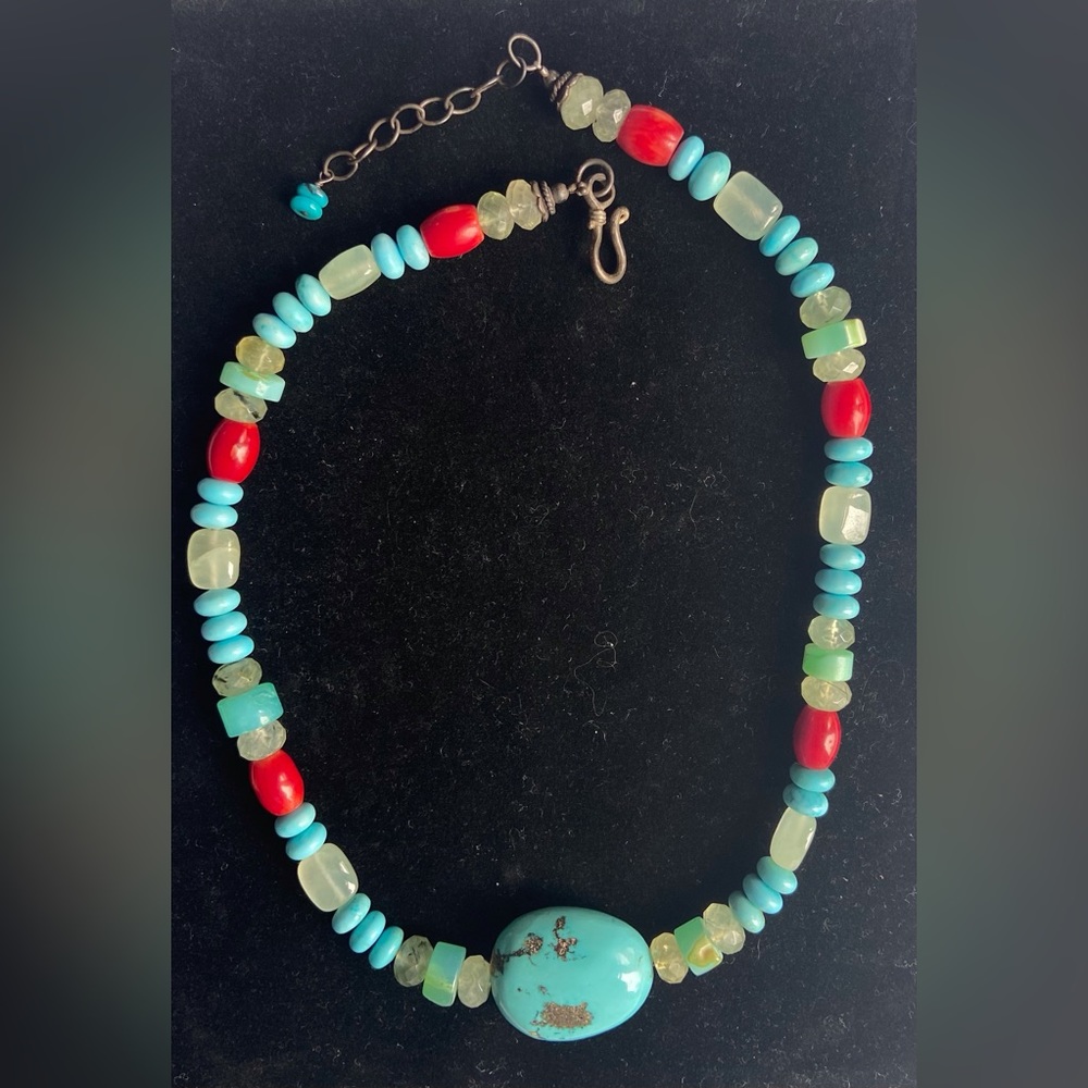 Turquoise Necklace with coral and moonstone beads. Adjustable